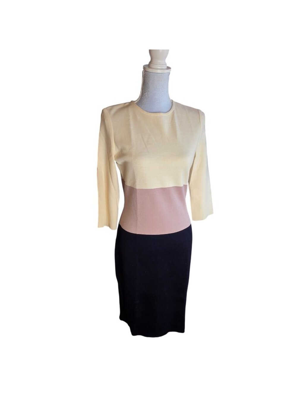 St. John Cream Navy Colorblock Wool Knit Sheath Dress 3/4 Sleeve Career 4